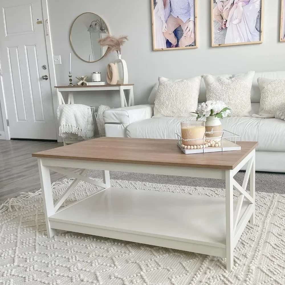 Coffee Table - Modern Coffee Tables with Storage for Living Room Shelf 2 Tiers, Farmhouse coffee table set