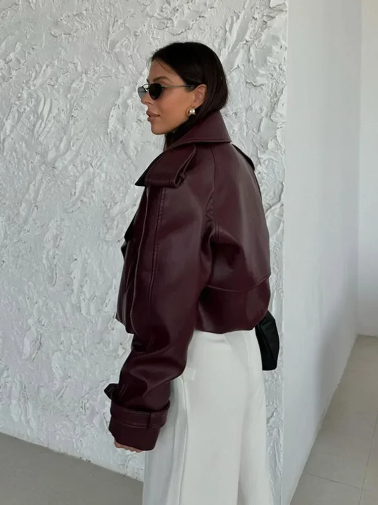 Jaket kulit wanita, Chic Burgundy, jaket kulit crop, untuk wanita, elegan kerah V, lengan panjang, mantel pendek, pakaian luar mode wanita 2025