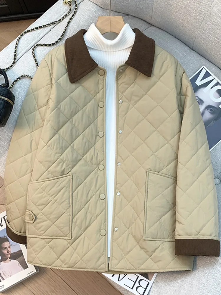 

Retro Corduroy Collar Quilted Cotton Jacket Short Lightweight Women's Winter Coat Warm Color Block Cotton Padded Outerwear