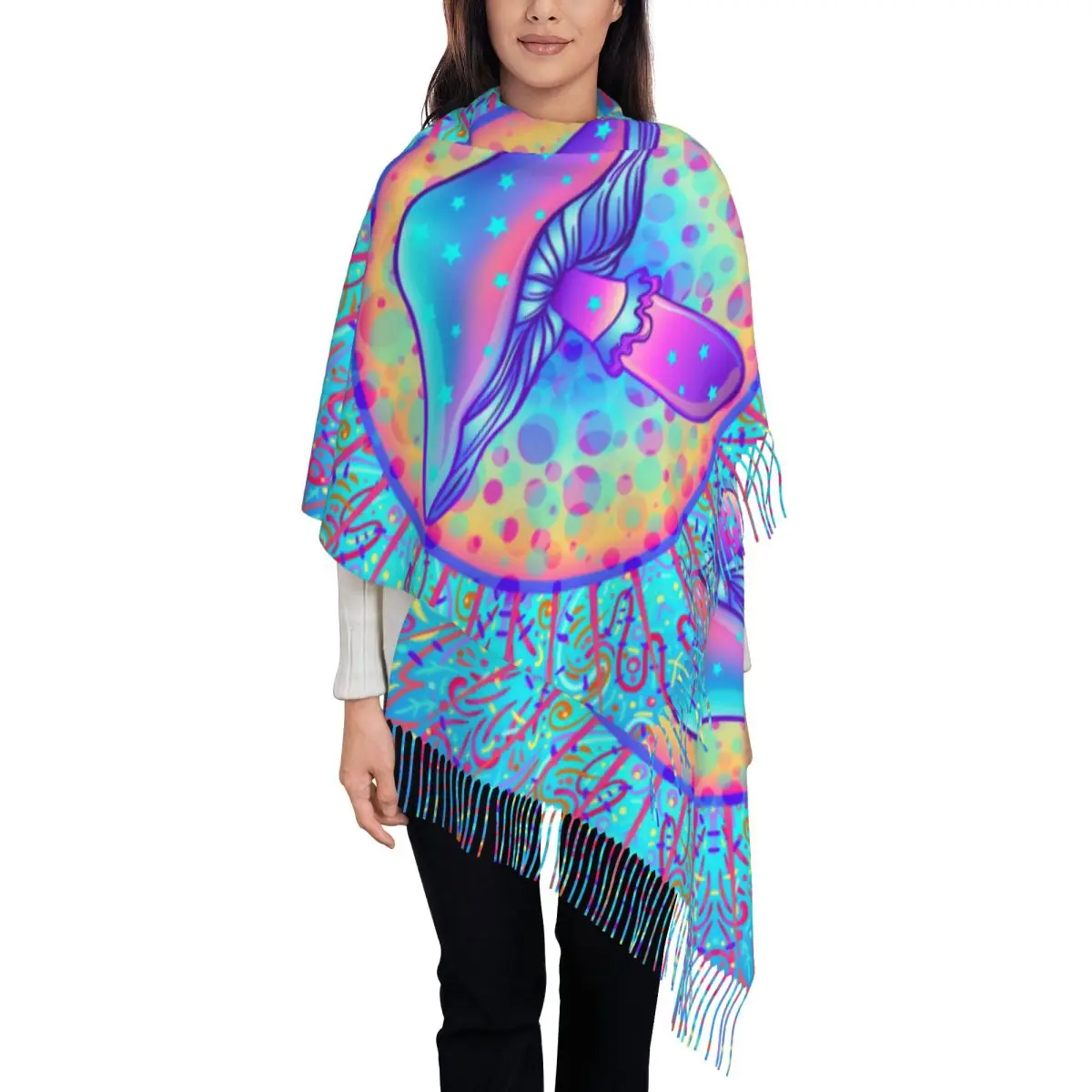 Magic Mushrooms Scarf for Womens Winter Fall Shawl Wrap Psychedelic Hippie Single-sided Pattern Scarves with Tassel Daily Wear