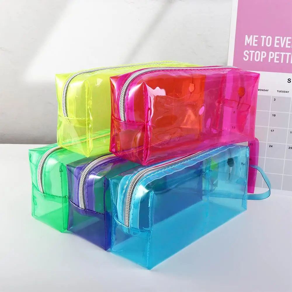Perlengkapan Sekolah Tas Alat Tulis Neon Transparan Tas Tempat Pena Kuas Lukis Tas Kosmetik Tempat Pensil Tempat Penyimpanan Pena