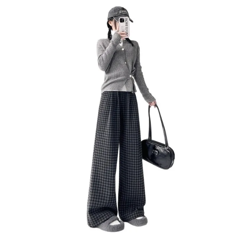 Womens Plaid Wool Blend Wide Leg Pants High Waist Fleece Lined Thick Draped Narrow Straight Trousers For Autumn Winter
