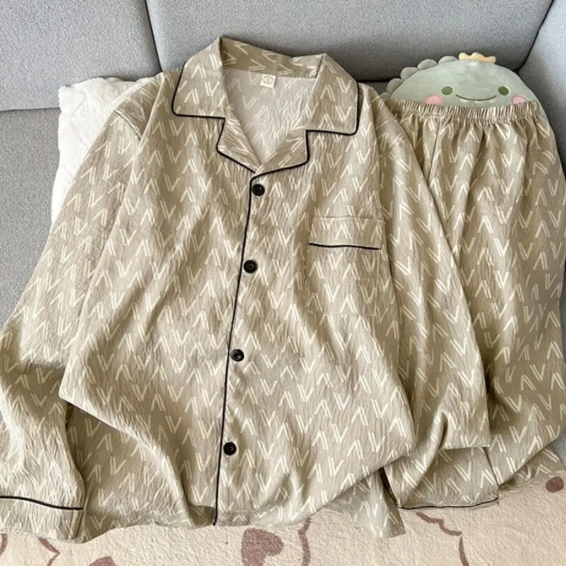 Men's Pure Cotton Long Sleeve Sleepwear Casual Loose Comfortable Striped Home Clothes Set Suitable for Spring And Autumn