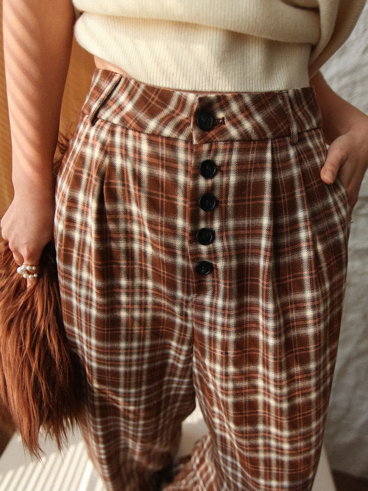 

Ast Editor's American Retro Plaid Wide Leg Pants Fce Lined Brued Casual Trousers for Women High Waist Straight Leg