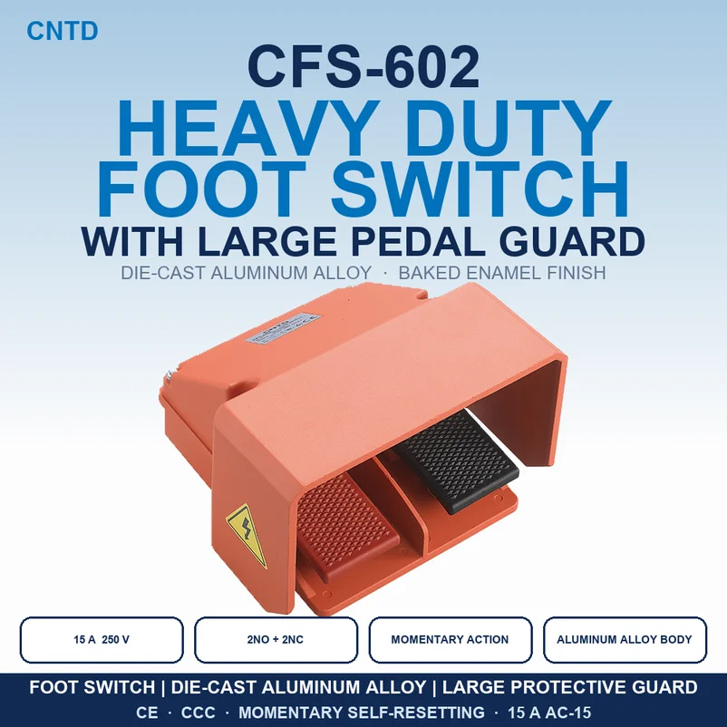 CNTD CFS-602 Heavy Duty Aluminum Alloy Foot Switch with Large Protective Guard 15A 250VAC Dual Pedal 2NO 2NC Momentary CE CCC