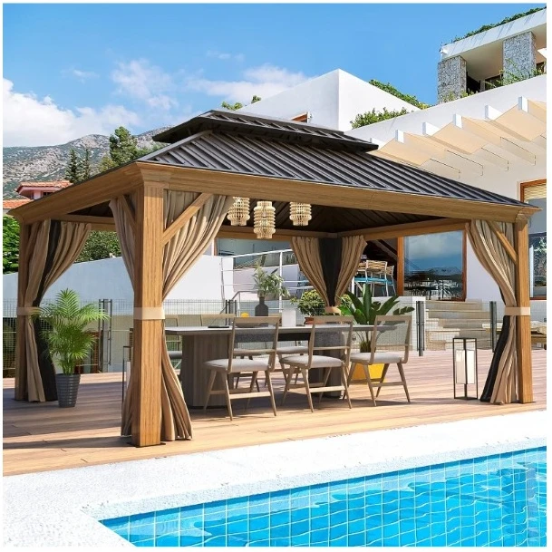 

12' x 14' Gazebo, Wooden Finish Coated Aluminum Frame Canopy with Double Galvanized Steel Hardtop Roof