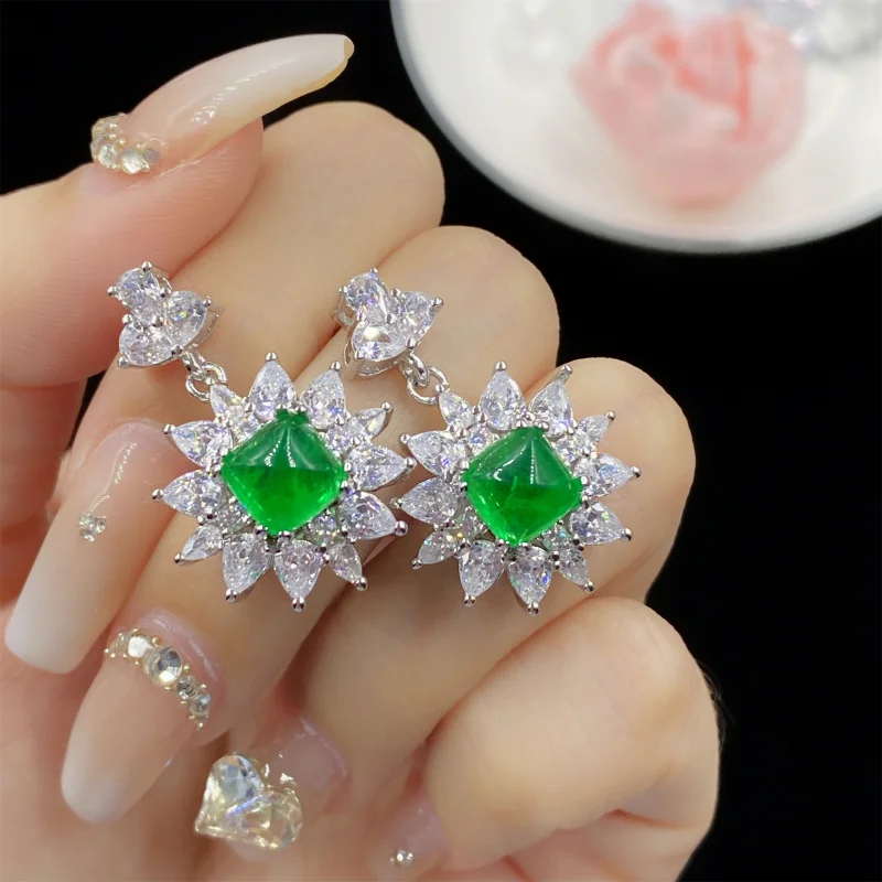 Emerald Sugar Tower Princess Square Full Diamond Open Ring with Cotton Pad for Women, Elegant Pendant and Earrings Set