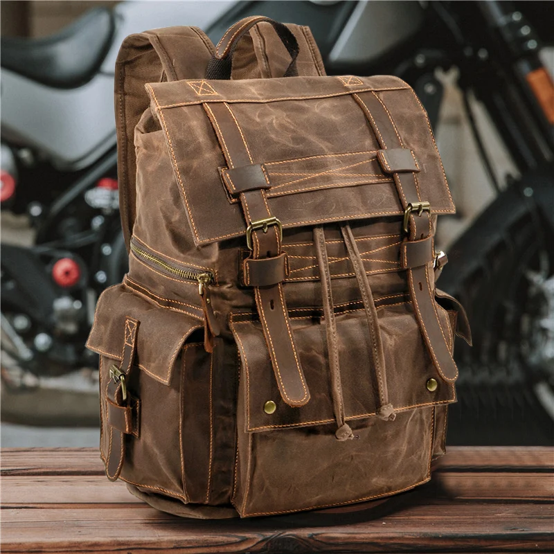 

Retro Canvas Double Shoulder Bag Unisex Workwear Travel Backpack Waterproof Zipper Closure British Style Hiking Salt And Pepper