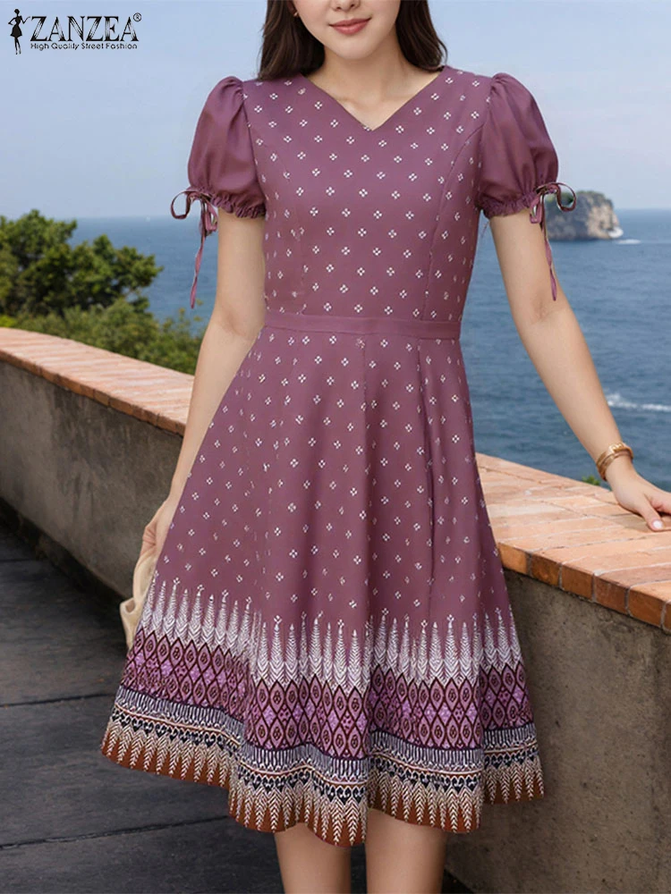 

2025 ZANZEA Vintage Dress Women Printed Knee-Length Sundress Fashion Short Sleeve Lace-Up Vestidos Casual A-Line Robe