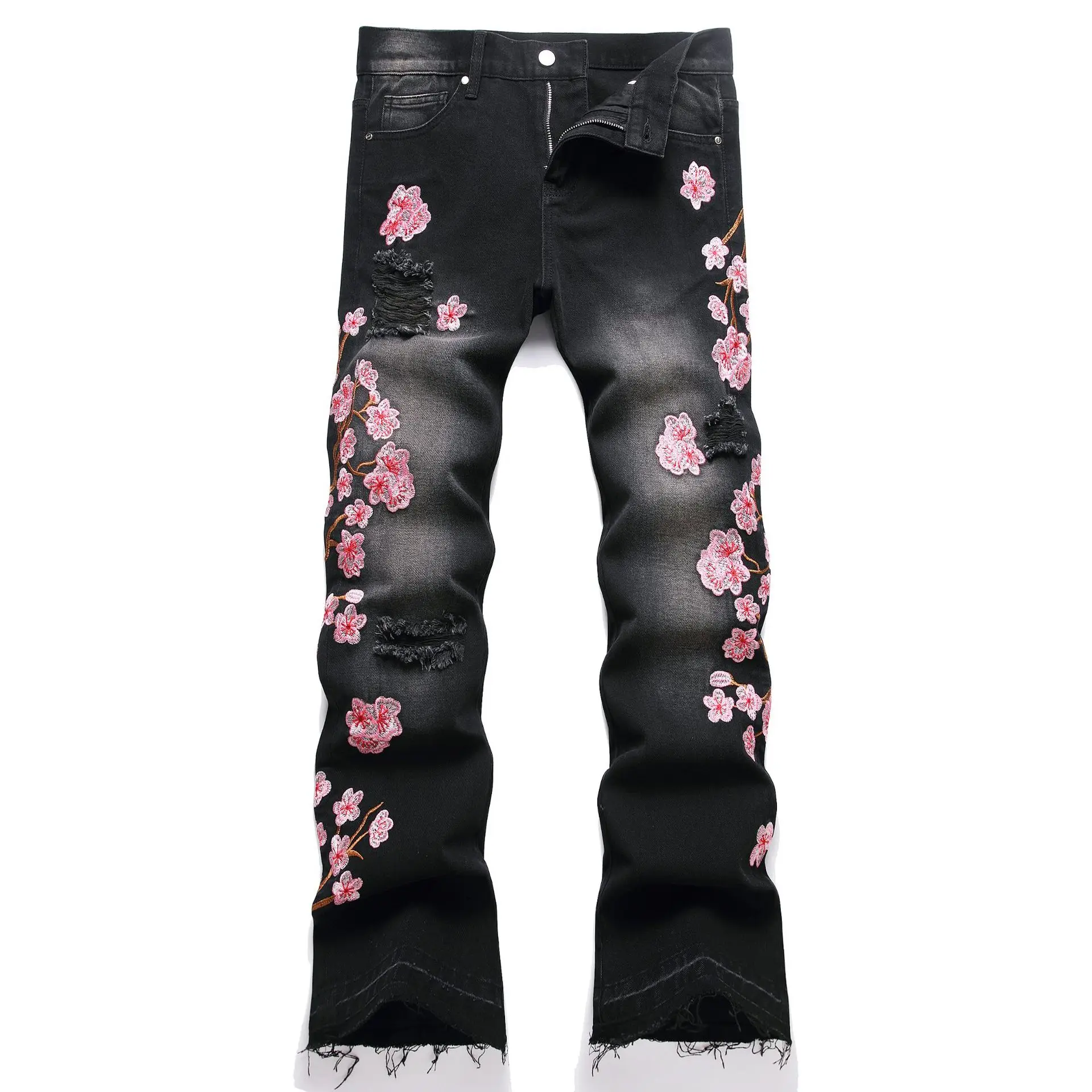 

Men's High-street Ripped Jeans with Floral Embroidery Patchwork, Trendy Street-style Distressed Flared Jeans jeans men