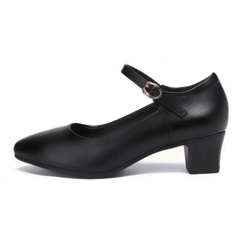 Women Cute Round Toe High Quality Black Buckle Strap Spring & Summer Square Heel Shoes Lady Classic Comfort Office Shoes B143
