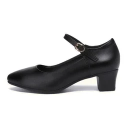 Women Cute Round Toe High Quality Black Buckle Strap Spring & Summer Square Heel Shoes Lady Classic Comfort Office Shoes B143