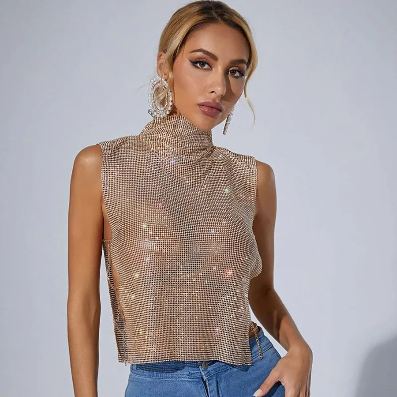 Nowy damski metalowy Rhinestone wydrążony na szyję Tank seksowny Top pikantna dziewczyna bez rękawów