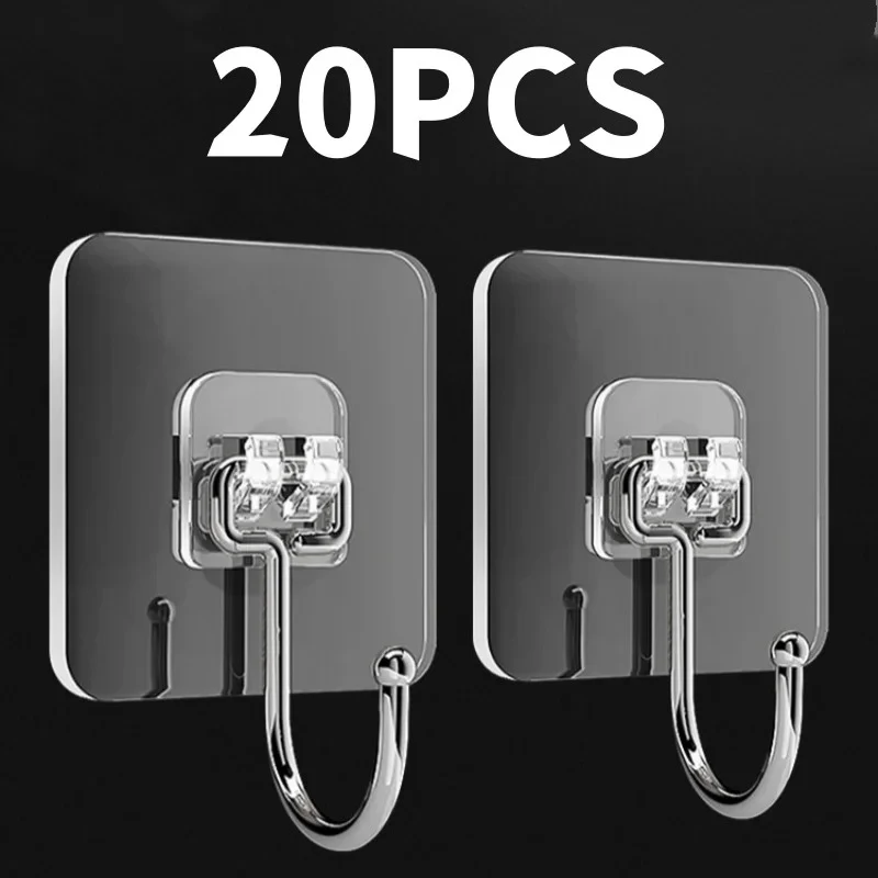 Nail-Free Transparent Waterproof Hooks, Big Size Heavy Duty 22 lbs Adhesive Wall Hooks for Kitchen Bathroom