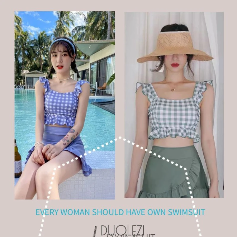 Two-Piece Swimsuit Skirt Women Conservative Tummy Control Plaid Push Up For Small Bust Kawaii Cute Summer Beachwear