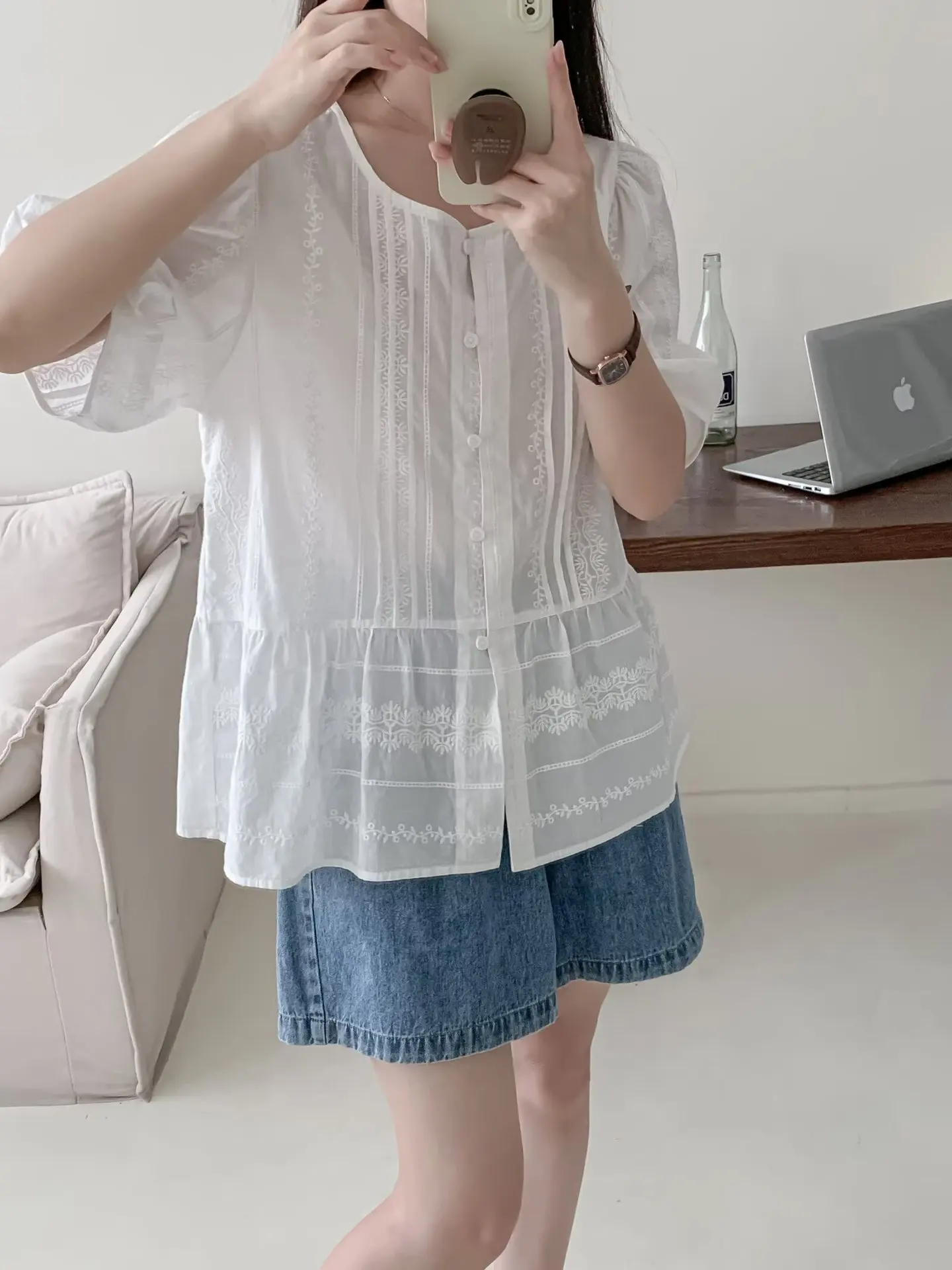 New Summer Cotton Casual Short Sleeve Shirt Women O Neck Embroidery Tops Girl Loose Commute Sweet Blouses 2024 Autumn T45951QC