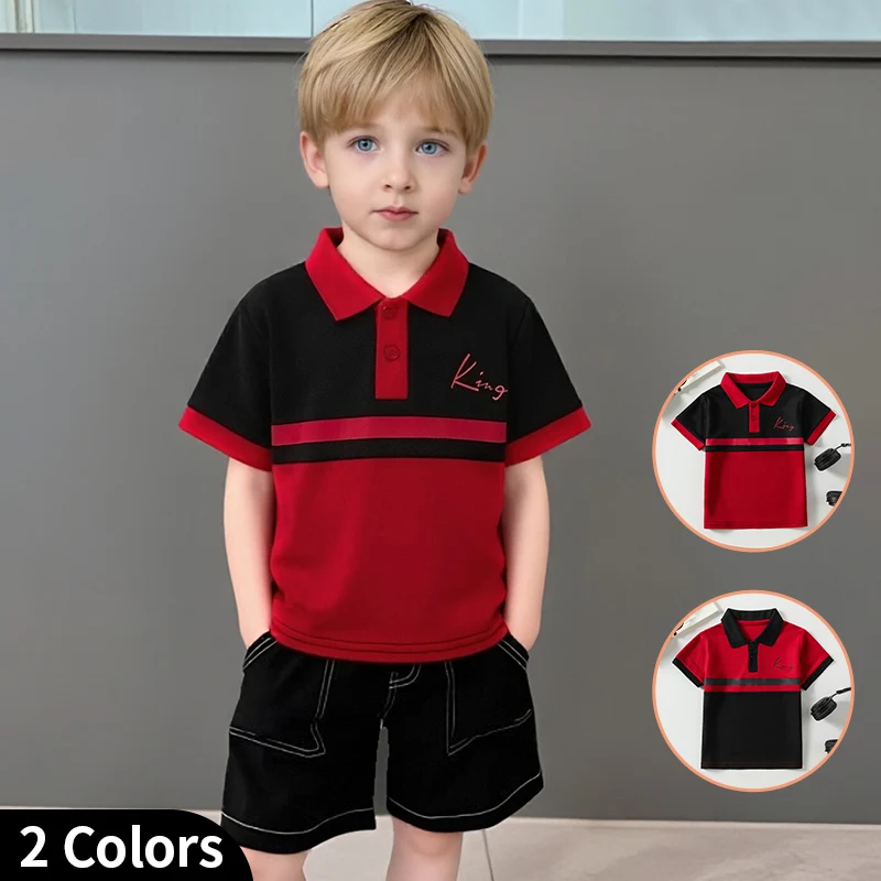 1/2 Piece Children's Summer Fashion Red and Black Color Blocked Fashion Lapel Short Sleeved Boy Handsome POLO Top Button T