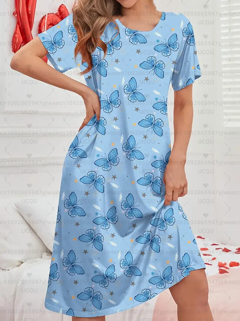 夏の女性の Tシャツドレスプラスサイズカジュアル蝶プリントプリント O ネックレディ半袖プルオーバーナイトドレス女性服
