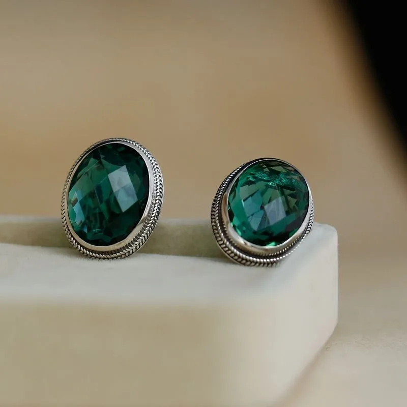 

925 silver inlaid engraved Green gems vintage earrings for women High quality trend oval earings stud fashion jewelry