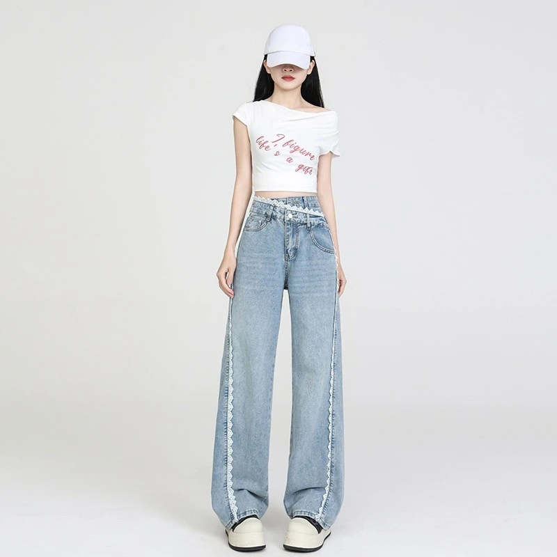 

Широкие джинсы с высокой талией и кружевной строчкой Design Sense. Женские модные свободные повседневные удобные джинсы до пола на четыре сезона