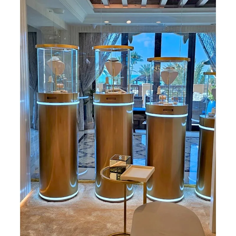 custom.White Tall Pedestal LED Top Light Four Sides Glass Jewellery Display Stand Boutique Showcase Cabinet