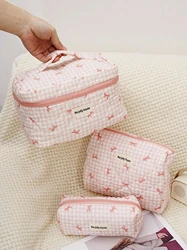 1set Cute Bowknot Cosmetic Bag Organizer Multifunctional Wallet Pouch Portable Brush Storage Clutch Travel Makeup Skincare Bag