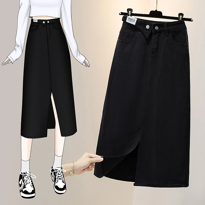 

plus Size Denim Split Skirt A-Line Midi Skirt Slimming for Plump Sister 200 Pounds Spring New Style Korean Style Commute Wind