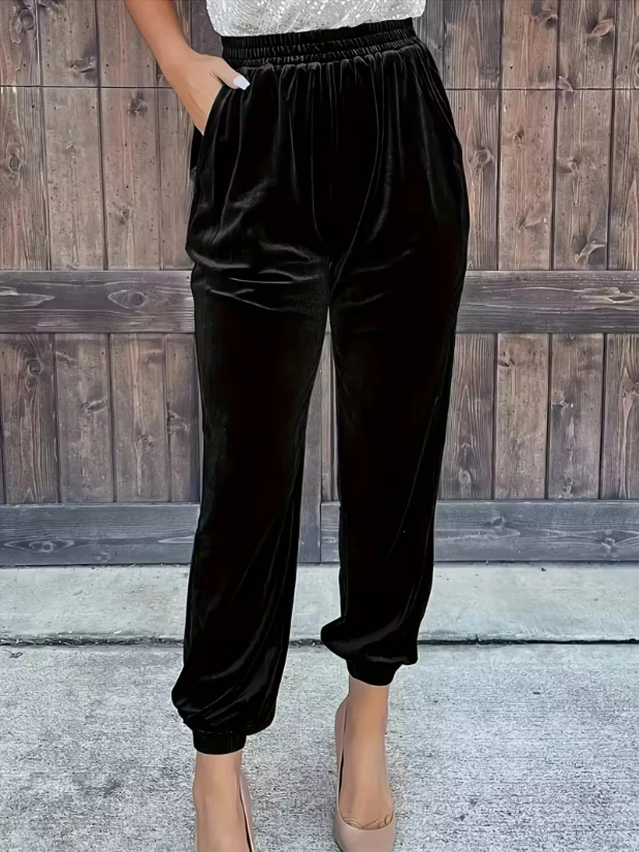 Herbst-Winter Damen Samt-Haremshose mit Elastischem Bund, Lose Freizeithose mit Seitentaschen, Einfarbig Schwarz, Jogger Streetwear – Detail 4