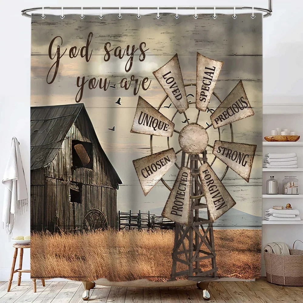 Rural Pastoral Scenery Shower Curtains ,Village Windmill and Canggu Farm Printing Bathroom Home Decoration Curtain With Hooks