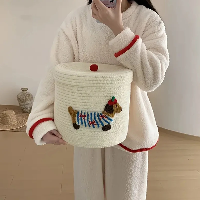 With Lid Dustproof Storage Bucket Desktop Dustproof Cute Puppy Storage Basket Woven Cotton Rope Frame Large Capacity