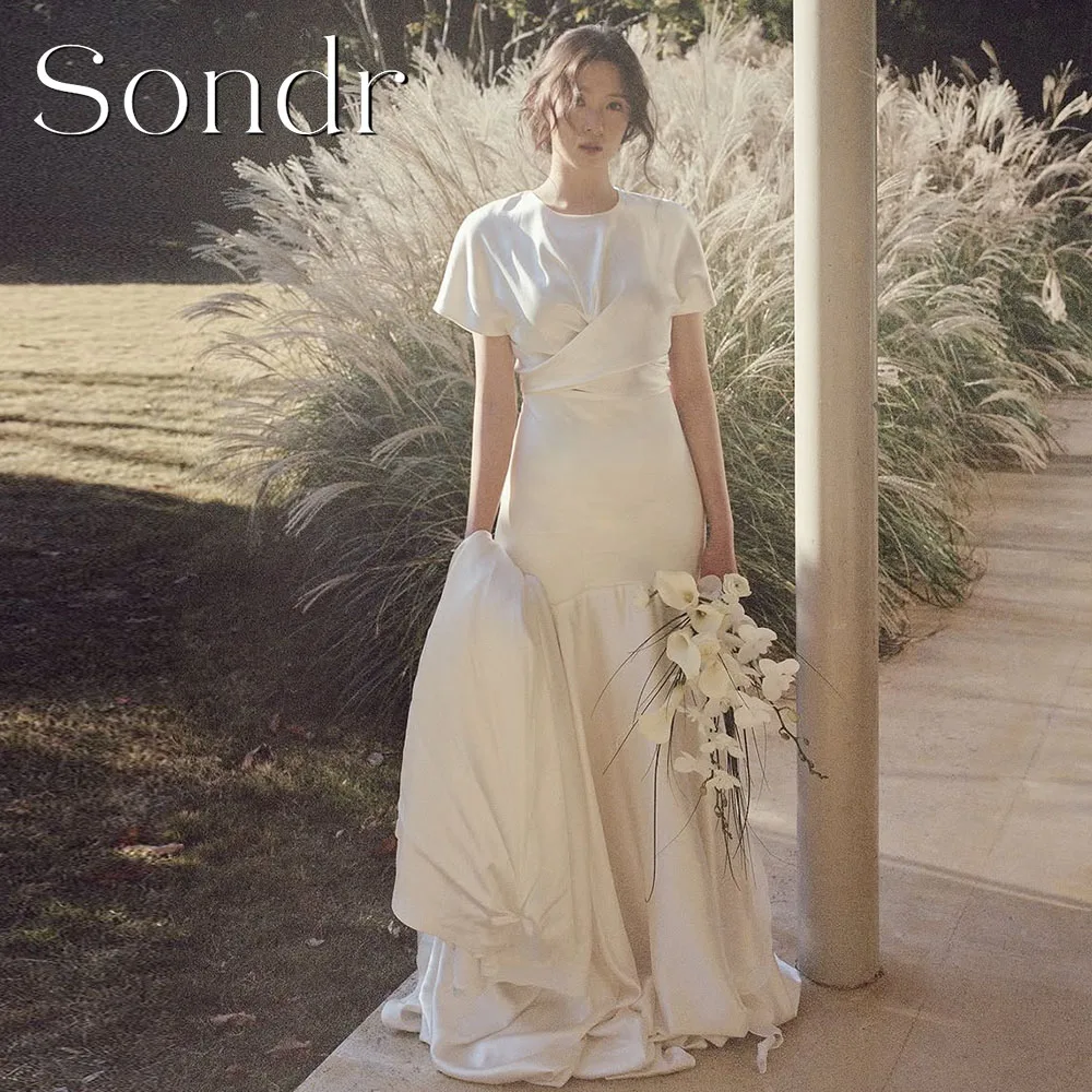 

Sondr Customized O-Neck Simple Korean Wedding Dresses Photo Shoot Short Sleeves Floor-Length A Line Bridal Party Dresses