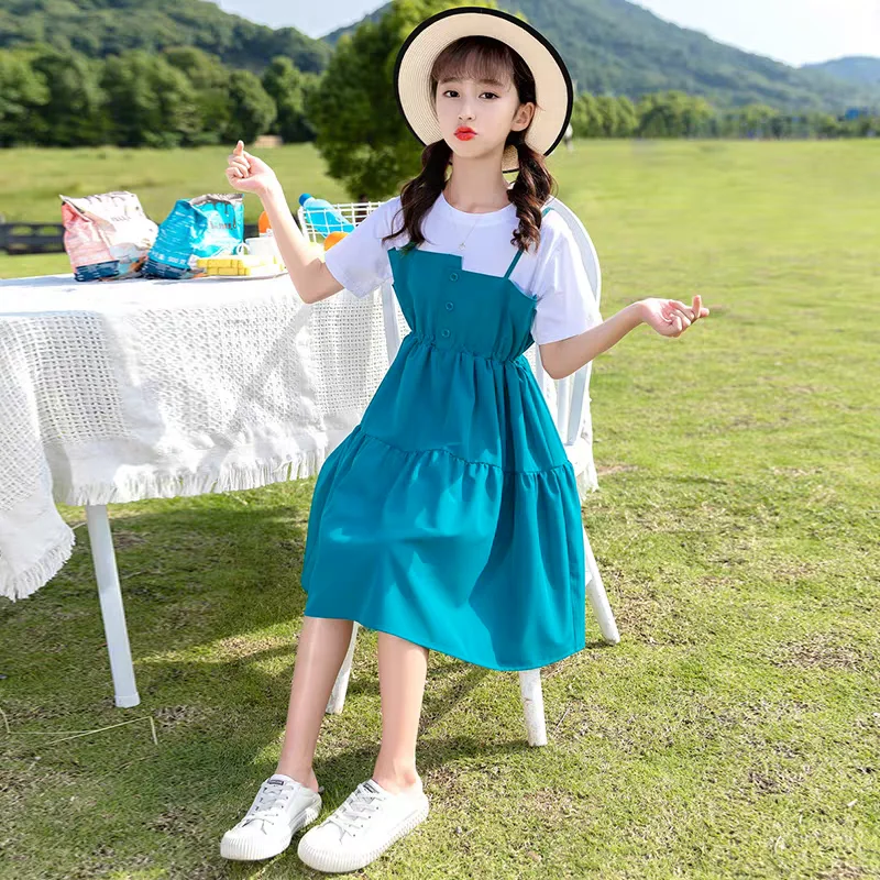 Kid clothing summer casual A-line dress new cute girl button up shirt faux two piece dress children\'s daily occasions clothing