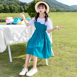 Kid clothing summer casual A-line dress new cute girl button up shirt faux two piece dress children's daily occasions clothing