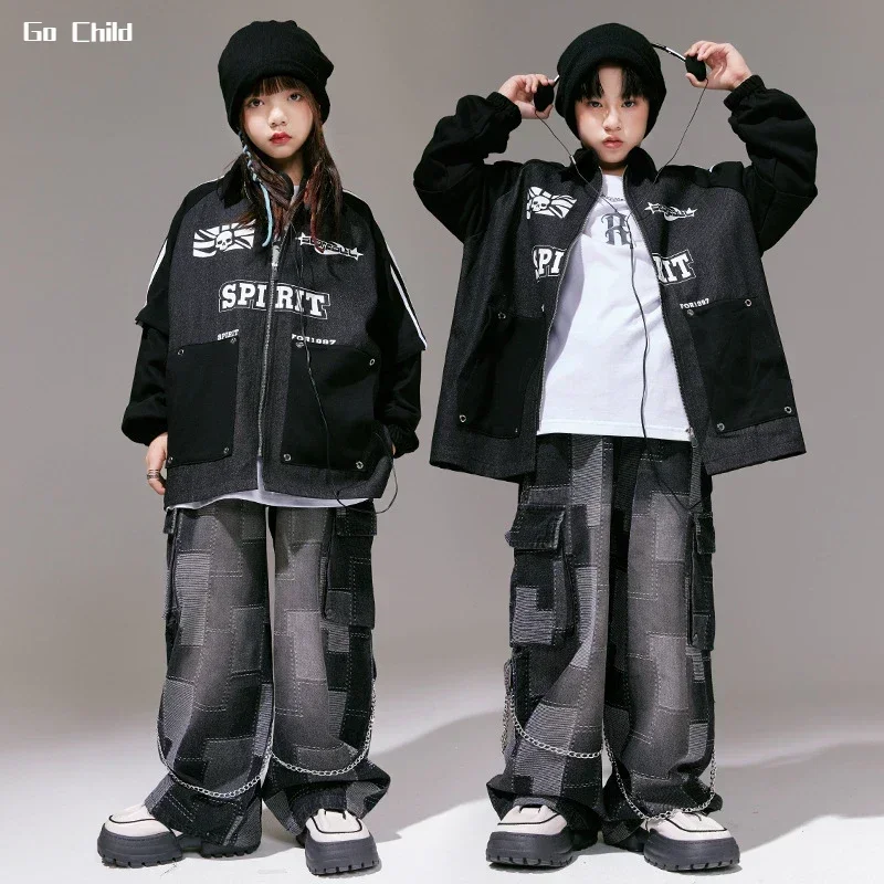 Hip Hop Boys Pocket Loose Jacket Plaid Jeans Girls Street Dance Coat Denim Pants Clothes Sets Kids Streetwear Child Jazz Costume