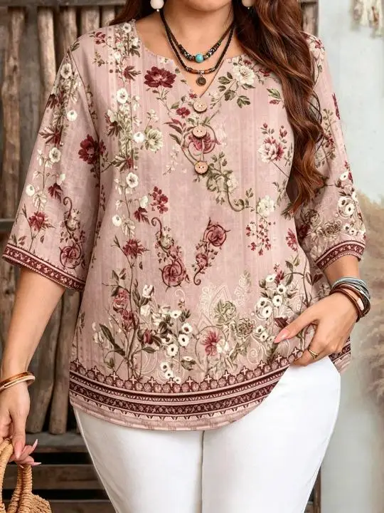 Women Retro Vertical Border Floral Full Print Blouse Notched Neck 3/4 Sleeve Loose Fit For Curvy Figures Daily Casual Tops