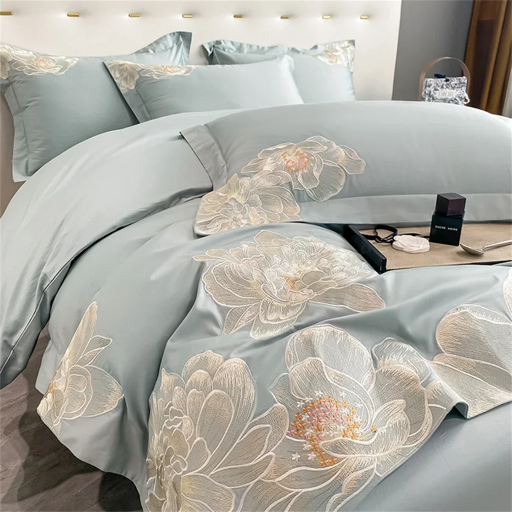 High-End Floral Embroidery Green Red Bedding Set Luxury Egyptian Cotton Solid Duvet Cover Flat or Fitted Bed Sheet Pillowcases