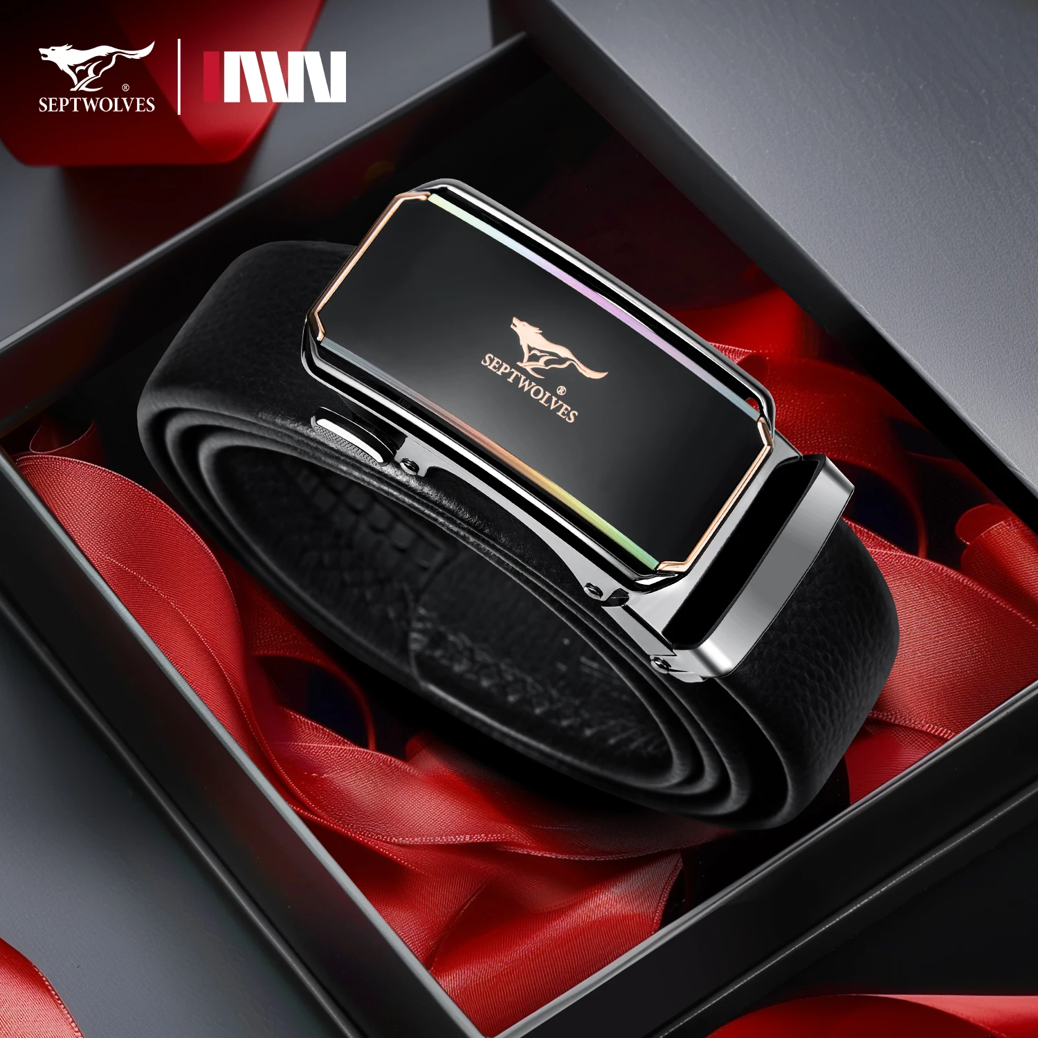 

Septwolves Fashion Men Belts Luxury Brand Men Belts Genuine Leather New Design Rainbow Buckle 3.5cm Width With Box Father Gift