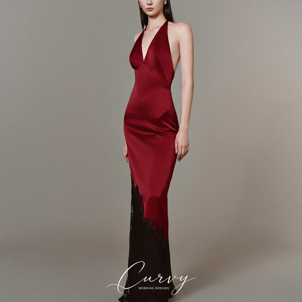 Curvy Modern Noir Evening Dresses for Women Vestido De Gala Halter Deep V Neck Lace Hem Evening Gown Customized