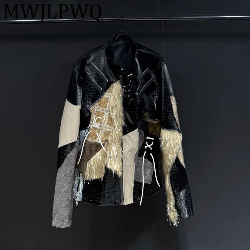 

MWJLPWQ American Retro Patchwork Stand Collar Men Jacket Street Style Distressed Tassel Zipper Unisex Pattern Texture Coat 12863