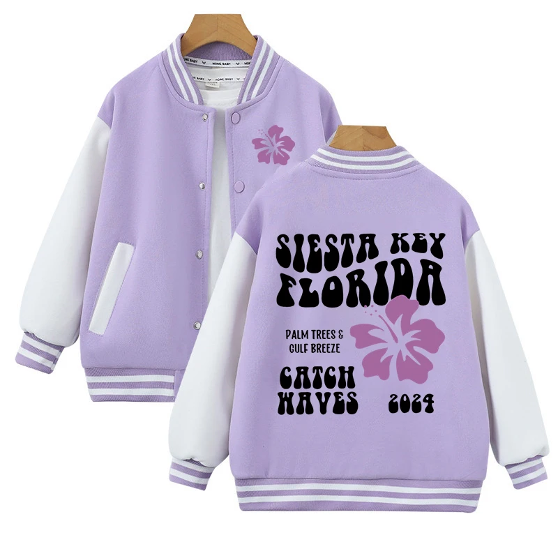 

Chasing Sunsets Flower Teen Cotton Baseball Uniform Fashion "Siesta Key Florida Catch Haves 2024" Funny Letter Boys Girls Jacket