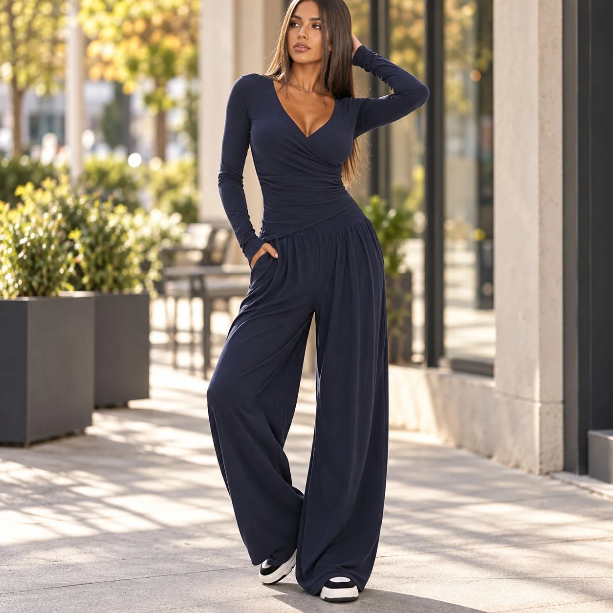 Casual Patchwork Set with Full Length Long Sleeve T Shirt Top and Long Pants Japanese Korean Casual Spring Autumn Set Women
