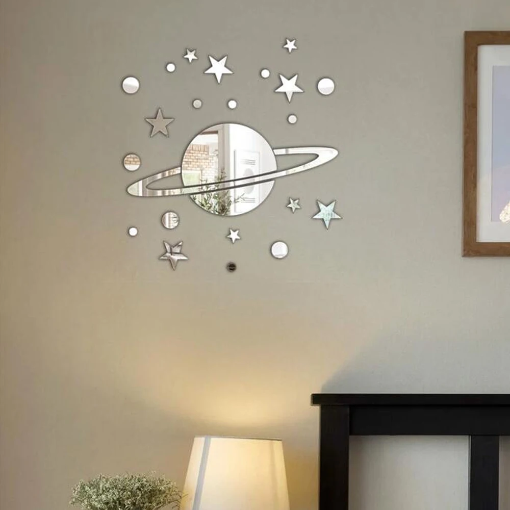 Acrílico estrella Luna planeta 3D espejo pegatina de pared acrílico espejo Mural calcomanías baño espejo pegatinas de pared para decoración de la habitación de los niños