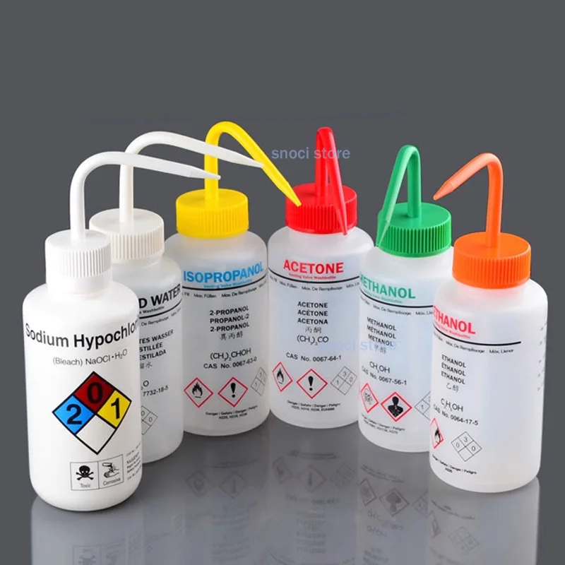 زجاجة الغسيل العلمية، الأسيتون، كحول الإيثيل، الميثانول، الآيسوبروبانول، الماء المقطر، زجاجات هيبوكلوريت الصوديوم الآمنة 500 مل