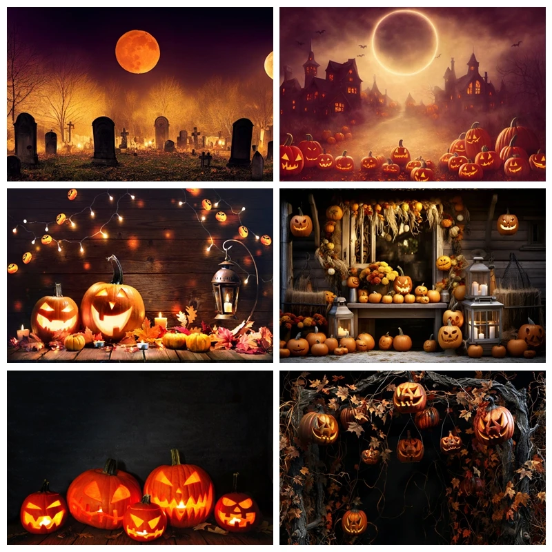 

Halloween Party Photography Backdrop Children Party Photocall Pumpkins Lantern Ghost Photobooth Backgrounds Photo Studio Props