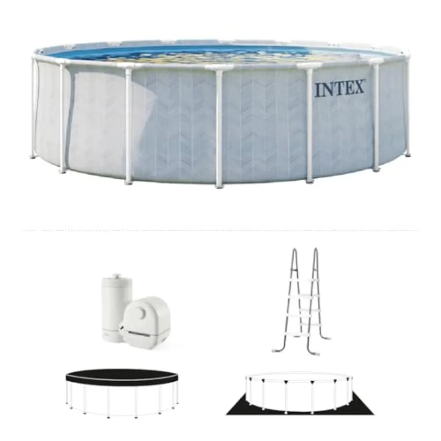 Above ground swimming pool set for backyard use, steel frame with blue finish, chevron prism design, includes 1500 GPH filter p