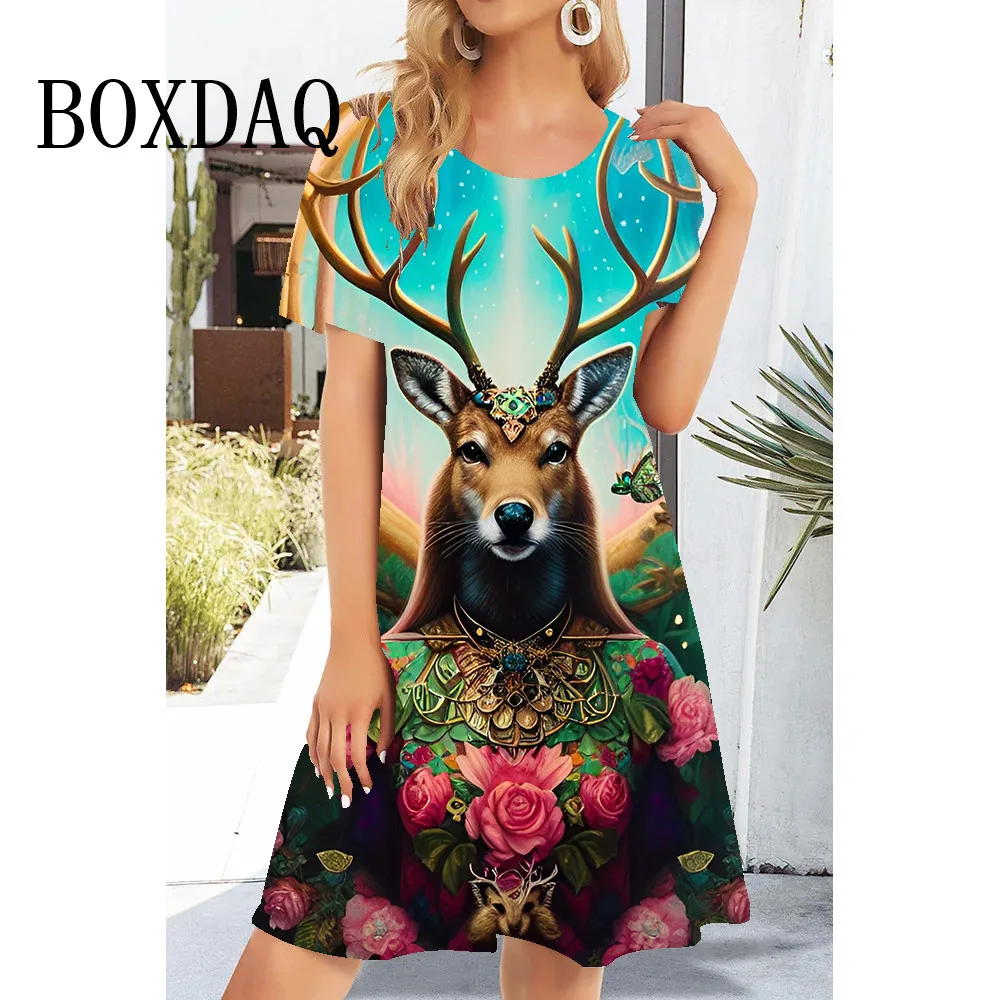 New Fashion Women Animal Deer Dressess Loose Summer Flower Print Dress Sweet Cute Casual O-Neck Short Sleeve A-Line Party Dress