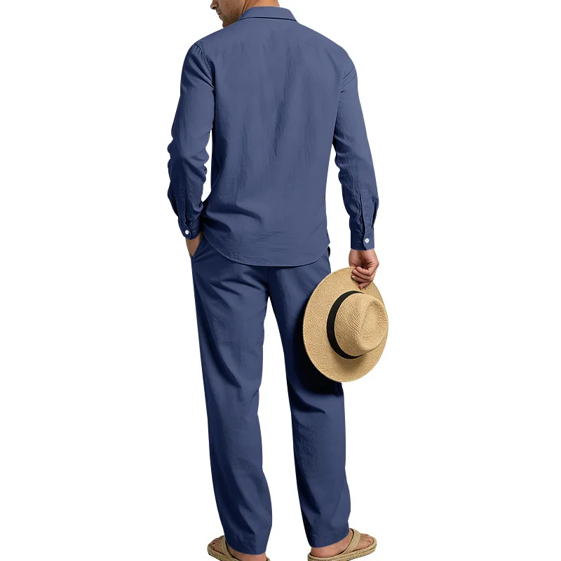 Europäisch-Amerikanisches Herren-Leinen-Freizeitset: Hemd mit Umlegekragen und Hose mit hohem Bund und Gürtel – Locker, atmungsaktiv, für Urlaub und Strand – Detail 15