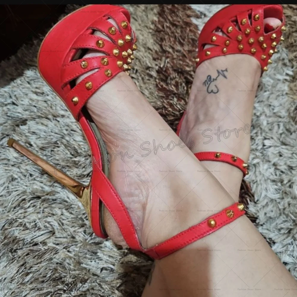 

Red Rivet Decor Hollow Out Sandals Ankle Strap Thin High Heels High Heel Shoes for Women Sexy Heels 2025 New Zapatos Para Mujere