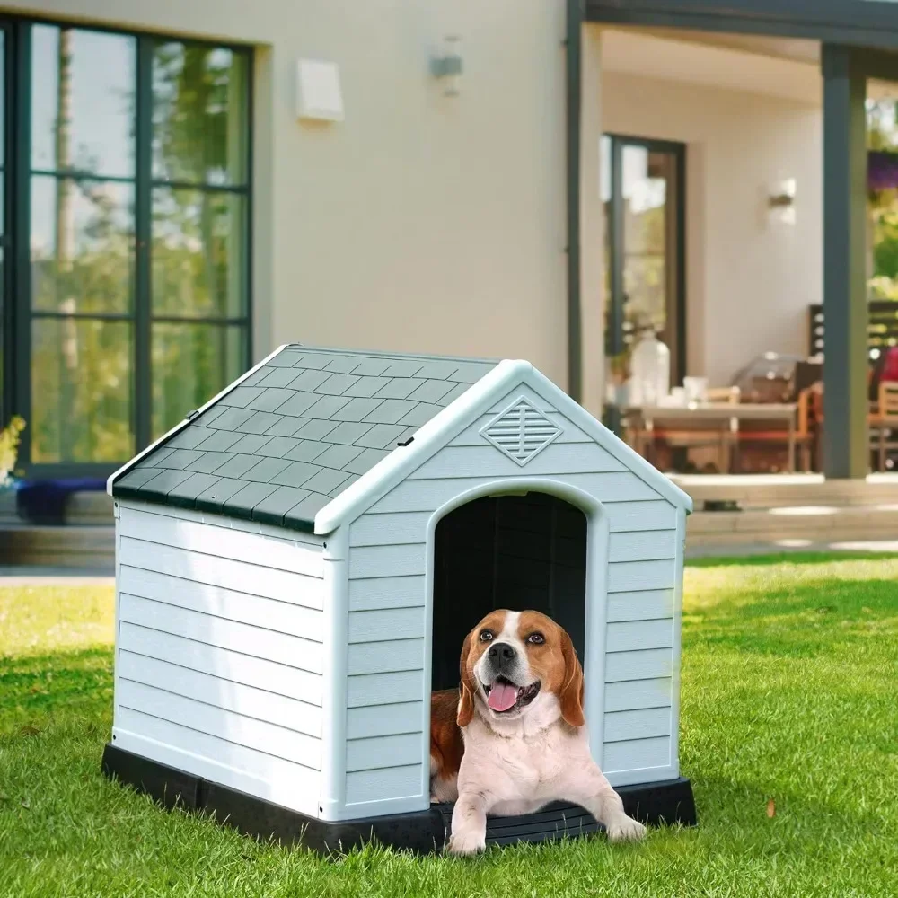 Large Plastic Dog House Outdoor Indoor Doghouse Puppy Shelter Water Resistant Easy Assembly Sturdy Dog Kennel