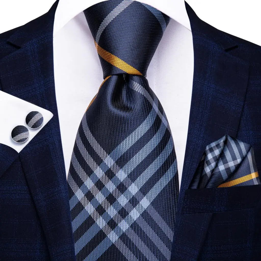 Hi-Tie  Silk Wedding Tie For Men Blue White PlaidHandky Cufflink Set Fashion Designer Necktie For Men Business Party Dropship